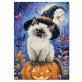 Siamese Cat Canvas Print Blue Eyed Kitten Witch Hat Pumpkin Spooky Décor for Cat Dad's Halloween Living Room Decoration on Ready to Hang 1.5" Thick Canvas Wrap, Floating Framed Canvas, Flat Rolled Canvas